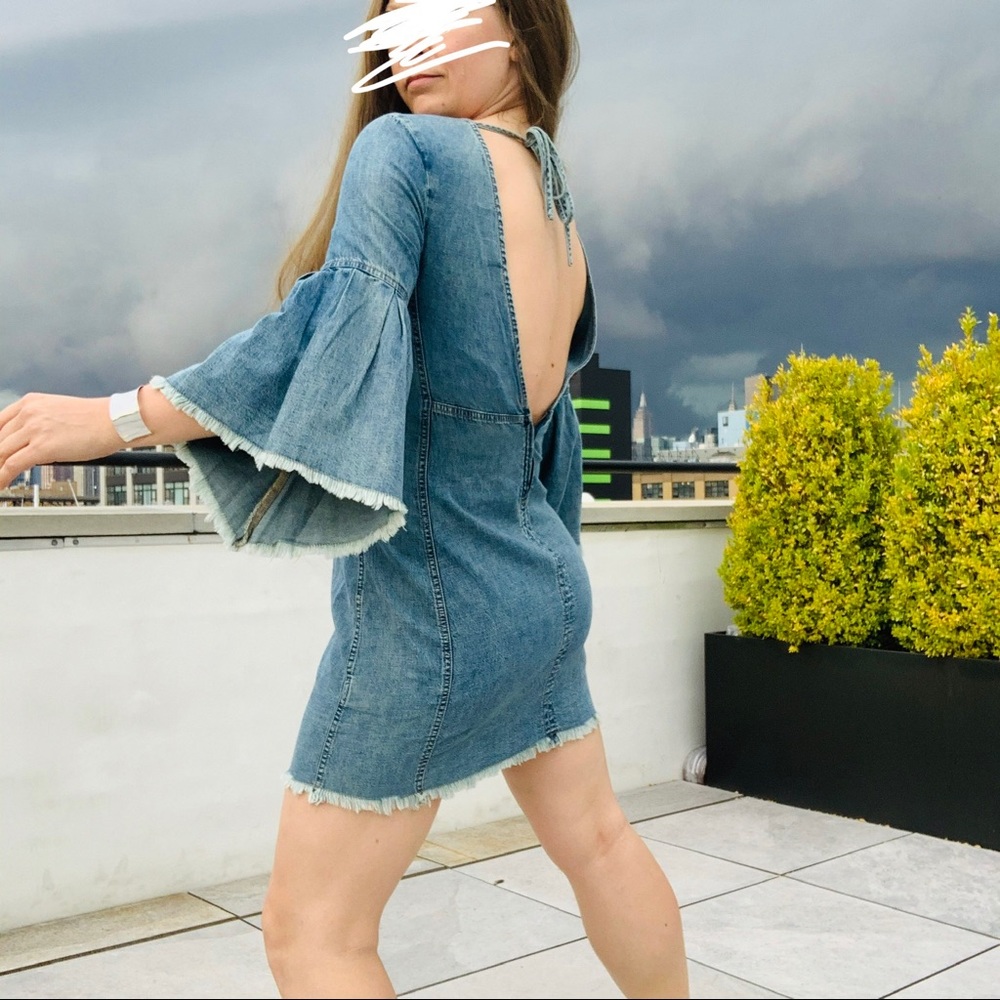 Free People Denim Fringed Raw Hem Flare Backless Dress - Picture 4 of 16